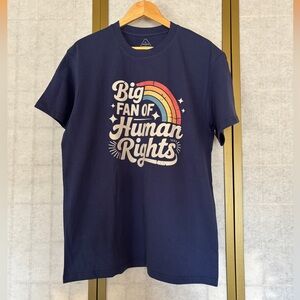 NWOT Big Fan of Human Rights Graphic T-Shirt with Rainbow Design, Navy Blue